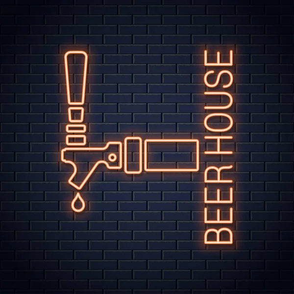Pivo klepněte na logo neonový nápis. Beer house neon ikona na zeď na pozadí — Stockový vektor