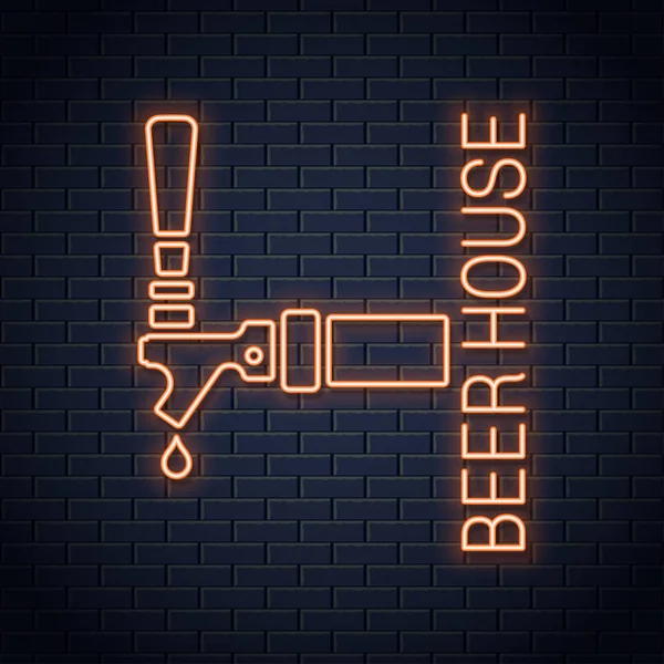 Leuchtreklame mit Bierzapflogo. Bierhaus Neon-Symbol auf Wand-Hintergrund — Stockvektor