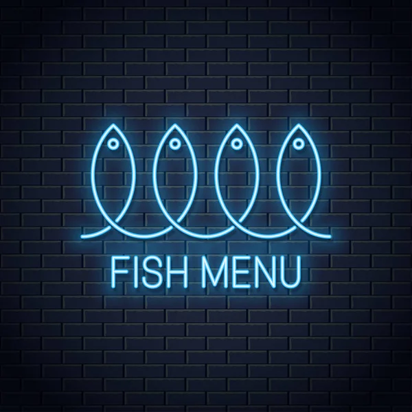 Риб'ячий неоновий знак. Лінійне рибне меню неоновий банер на фоні стіни — стоковий вектор