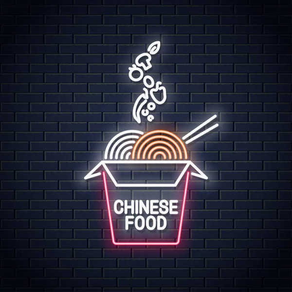 Logotipo de neón fideos Wok. Chinos sacan caja. Insignia de comida para llevar restaurante — Vector de stock