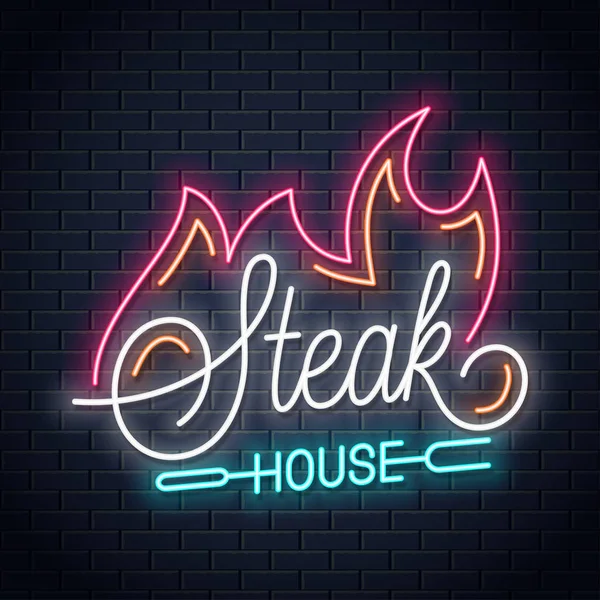 Steak house logo neon con fuoco su sfondo nero — Vettoriale Stock