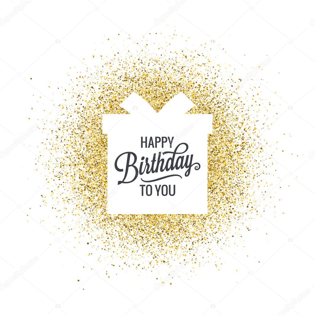 Birthday lettering gift box on golden glitter abstract background