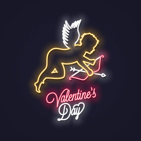 Signo de neón de San Valentín. Cupido con bandera de neón arco y flecha — Vector de stock