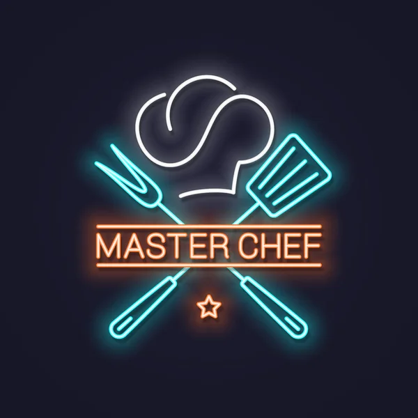 Chef mestre néon com chapéu de chef neon banner fundo — Vetor de Stock