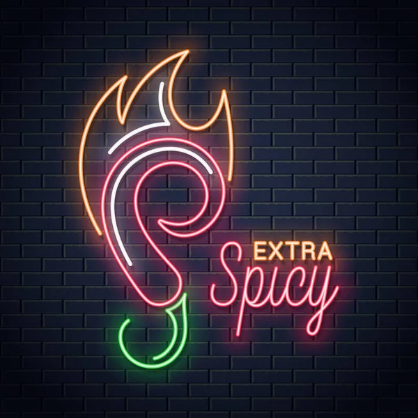 Chili peper met neon Vuurteken. Hete pittig eten embleem neon achtergrond — Stockvector