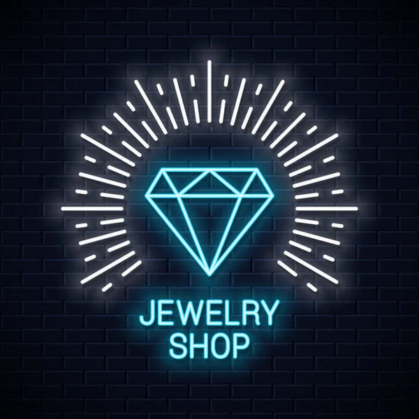 Jewelry shop neon sign. Diamond icon neon banner. — Stock Vector