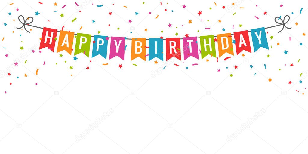 Happy birthday banner. Birthday party flags with confetti on white background 8 eps