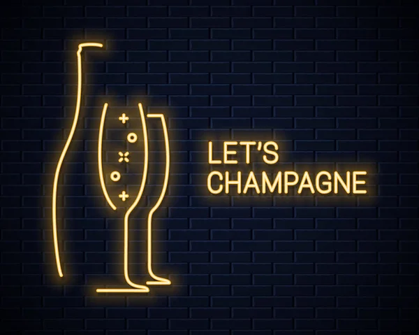 Champagne bottle neon banner and champagne glass neon — Stock Vector