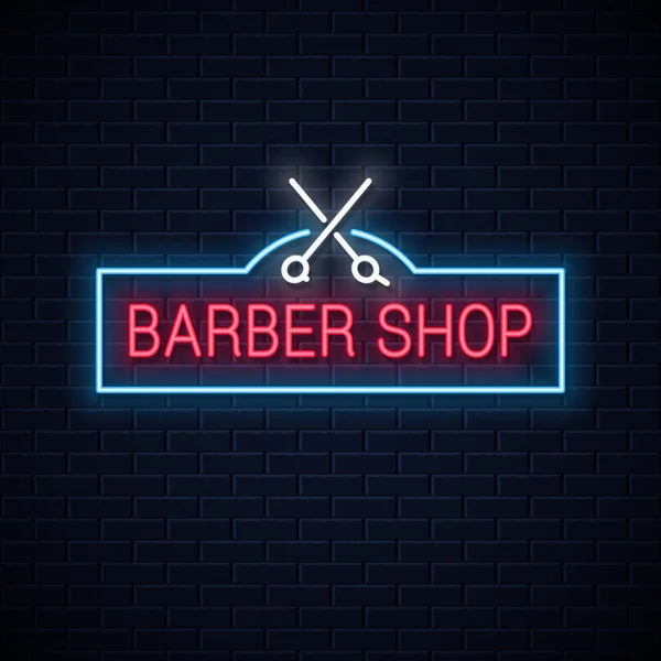 Barber shop neon sign with barber scissors neon banner on wall background — Stock Vector