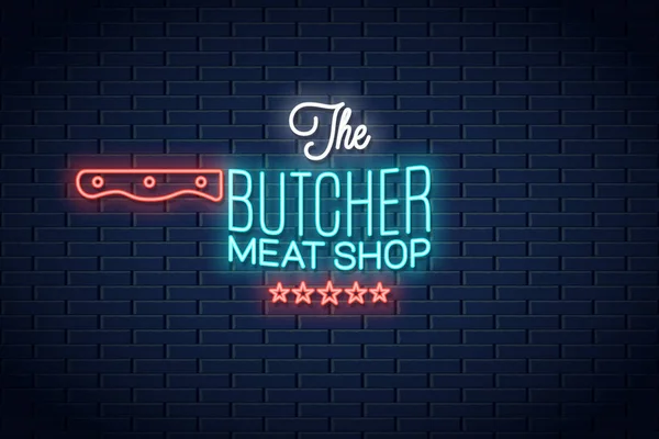 Metzger-Leuchtreklame. Fleischgeschäft Neon Logo Hintergrund — Stockvektor