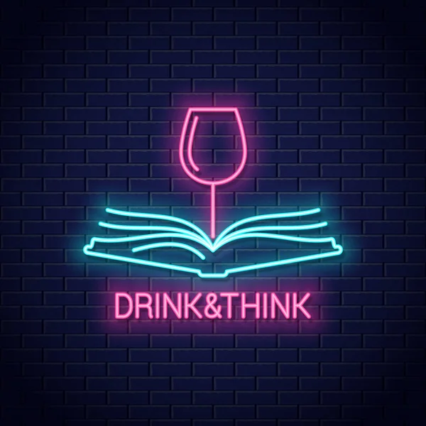 Bicchiere da vino con libro al neon. Bere vino leggere — Vettoriale Stock