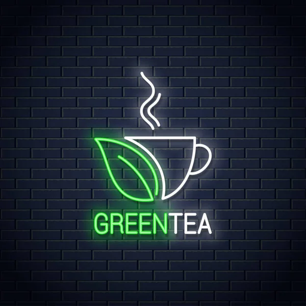 Tea green cup neon sign concept design. — Stock Vector