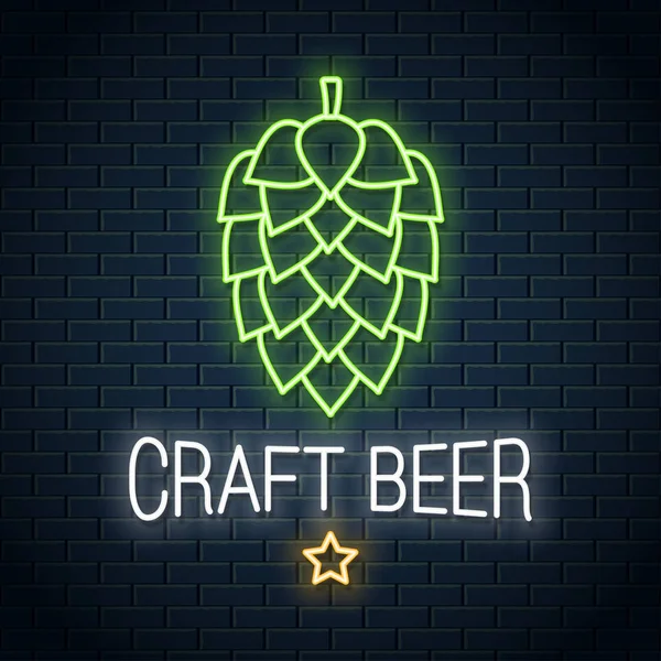 Bier Hopfen Neon-Logo. Craft-Beer-Leuchtreklame an Wand — Stockvektor