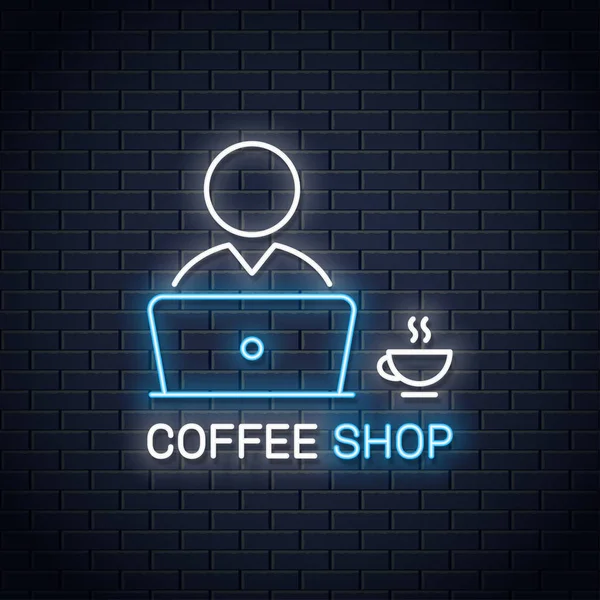 Gebruiker met laptop neon banner. PC-gebruiker met koffie — Stockvector