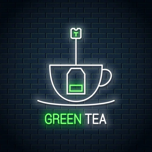 Tea bag belsejében a tea-cup neon-jel. Neon zöld tea — Stock Vector