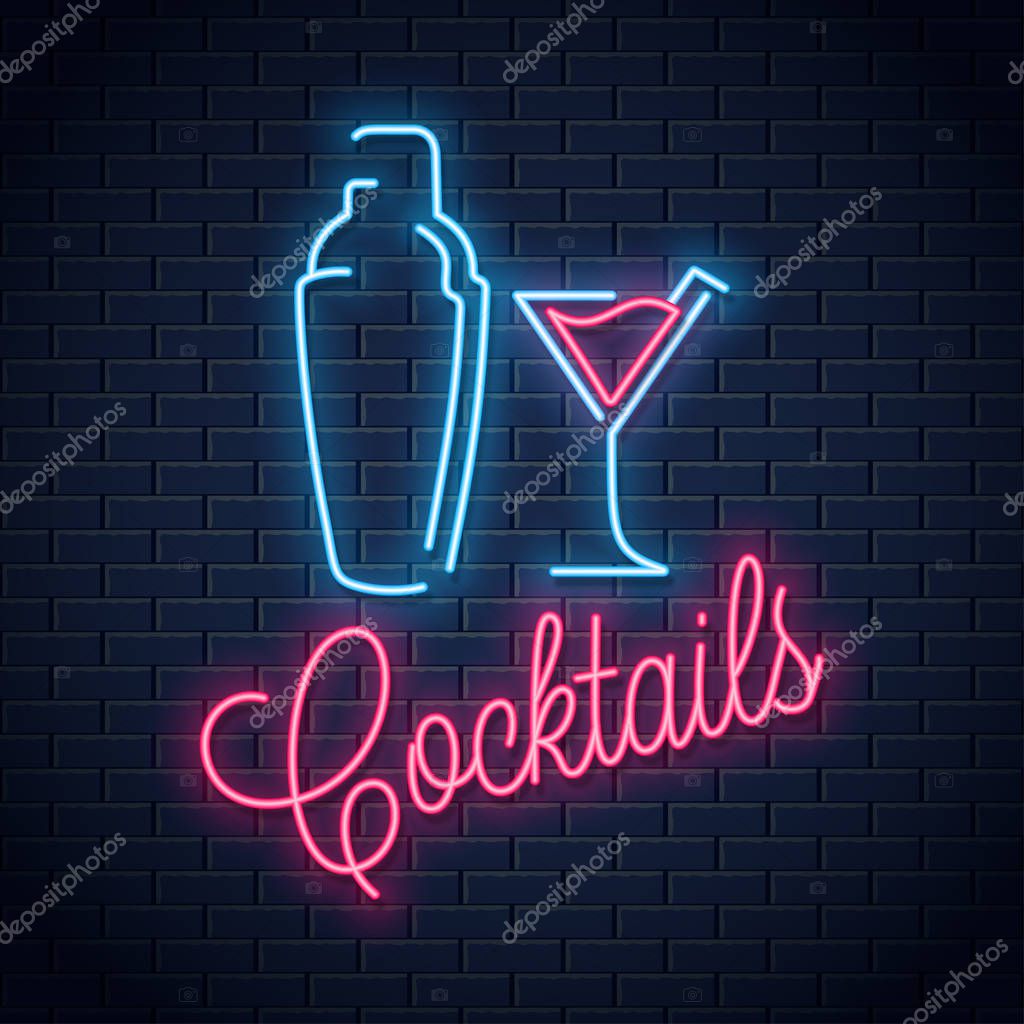 Shaker neon logo. Cocktail party neon sign on wall vector background 10 eps