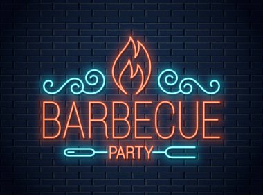 Barbekü partisi neon tabela. Barbekü neon logo duvar