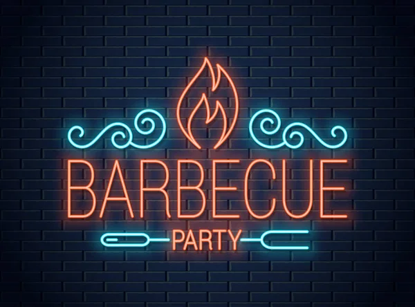 Μπάρμπεκιου πάρτι νέον σύμβολο. BBQ νέον λογότυπο στον τοίχο — Διανυσματικό Αρχείο