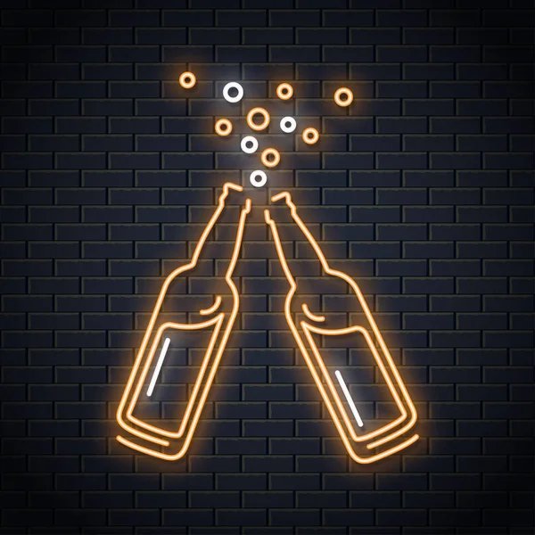 Bierflaschen-Leuchtreklame. Bier spritzt Neon-Design — Stockvektor