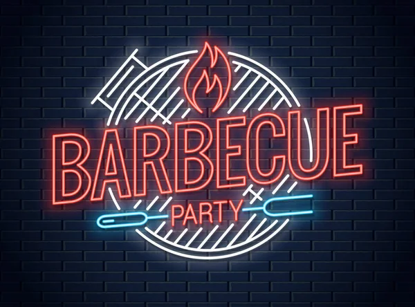 Barbecue Grill Neon-Logo. Grill-Leuchtreklame an der Wand — Stockvektor
