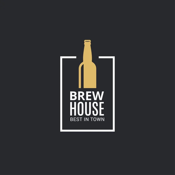 Beer bottle logo. Brew house icon on black — Stock Vector