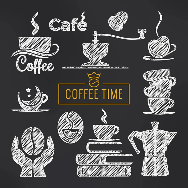 Set de vectores de bocetos de café. Tazas de café y granos — Vector de stock