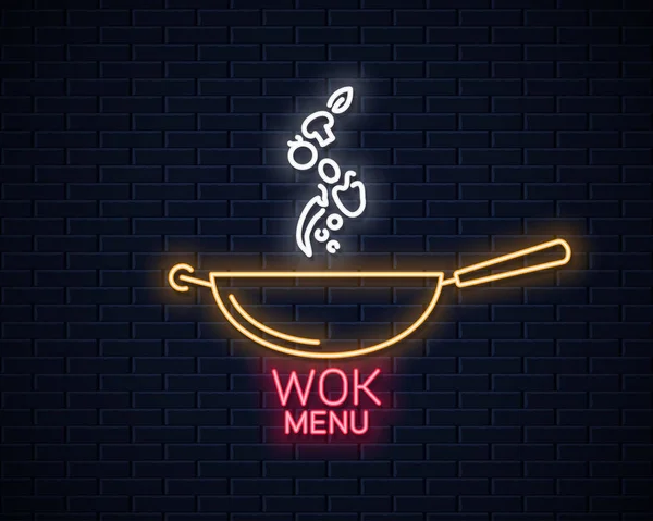 Wok neon nápis. Pánev vaření menu — Stockový vektor