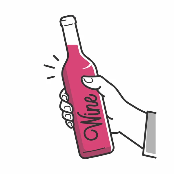 Sostén la botella de vino. Mano masculina sosteniendo un vino — Vector de stock