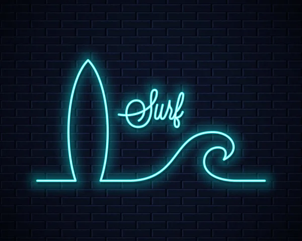 Sörf tahtası neon tabela. Neon dalga hat kavramı — Stok Vektör