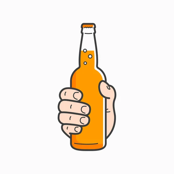 Handfattning öl flaska. Manlig hand hållande en öl — Stock vektor