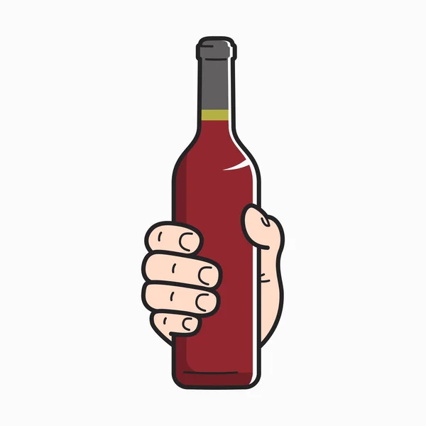 Sostén la botella de vino. Mano masculina sosteniendo un vino — Vector de stock