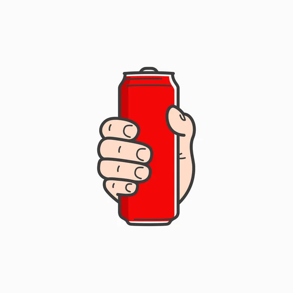 Hand hold can. Male hand holding aluminium red — Stock Vector