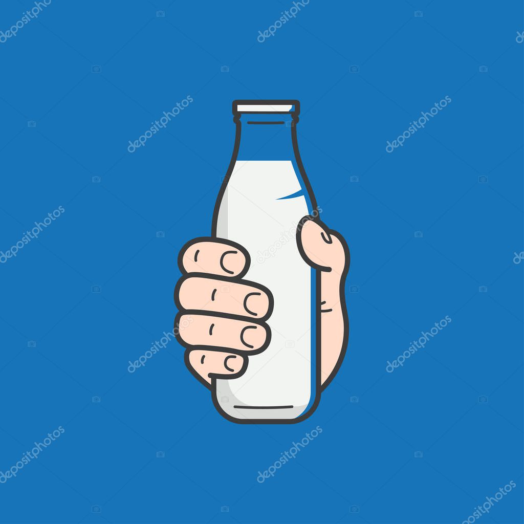 Hand hold milk bottle. Male hand holding a milk on blue background 8 eps