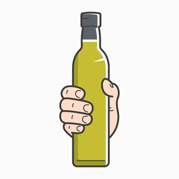Azeite à mão. Masculino segurando garrafa de azeite —  Vetores de Stock