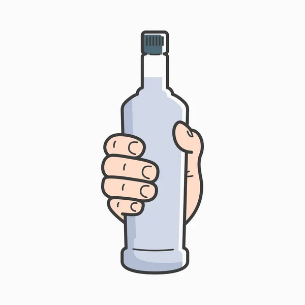 Mão segura garrafa de vodka. Mão masculina segurando uma vodka — Vetor de Stock