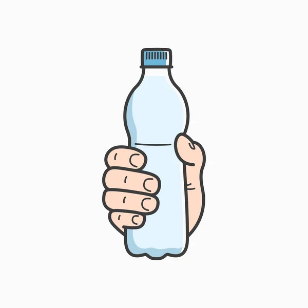 Sostén la botella de agua. Mano masculina agua plástica — Vector de stock
