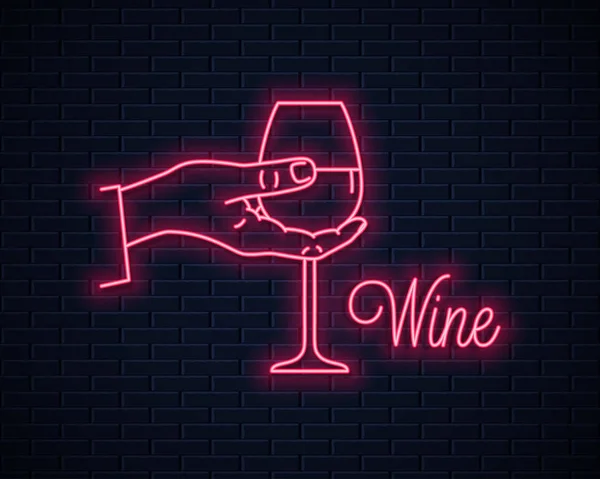 Hand hold wine neon sign. Male holding wine glass — Stock Vector