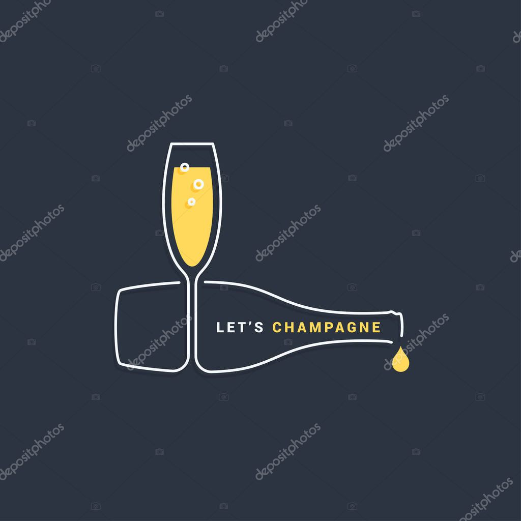 Champagne bottle with wine glass line icon on black background 10 eps