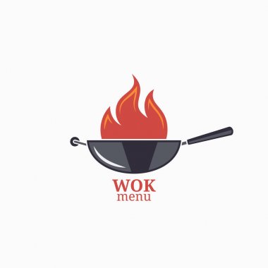 Kızartma tavası tasarım menüsü. Yangın alev ile Wok