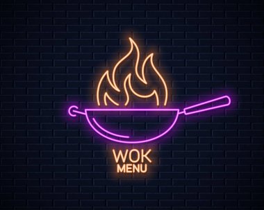 Kızartma tavası neon işareti. Yangın alev neon ile Wok