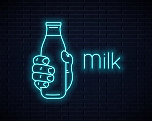 Hand hold milk bottle neon sign. Holding a milk — Stock Vector