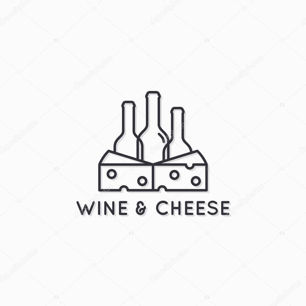 Wine and cheese linear logo. Wine bottles with cheese slice on white background 10 eps