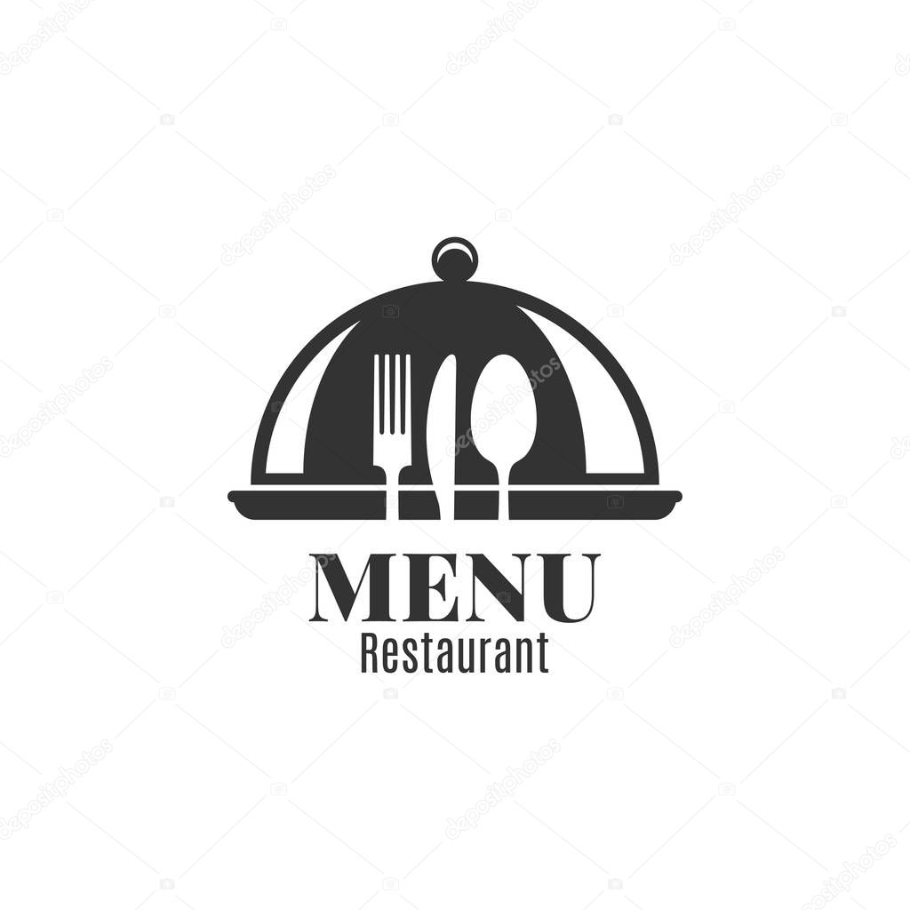 Restaurant menu with fork, knife and spoon. Metal tray cloche on white background 8 eps