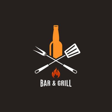 Izgara aletleri ile bira şişesi. Bar ve ızgara logosu.