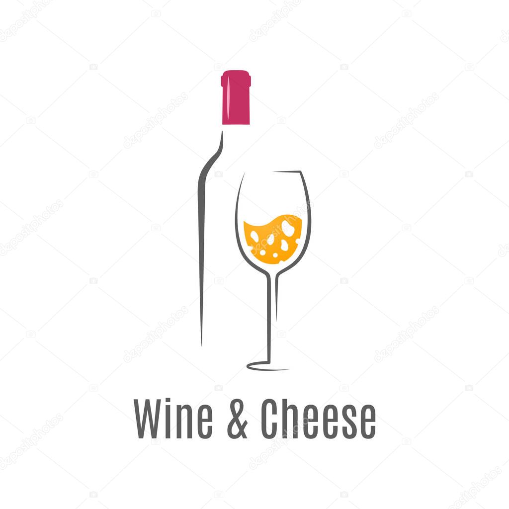 Wine bottle and glass. Cheese and wine logo on white background 8 eps