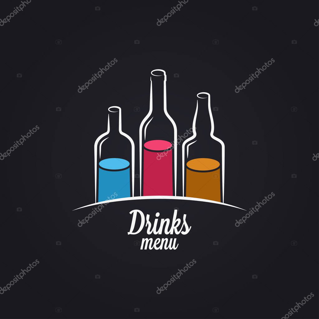 Drinks bar menu. Bottles of vodka, wine and whiskey logo on black background 8 eps