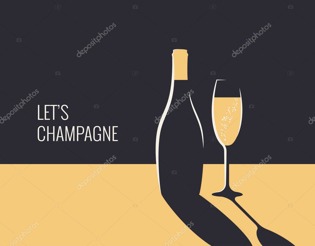Champagne bottle banner. Glass of champagne on gold and black background 8 eps