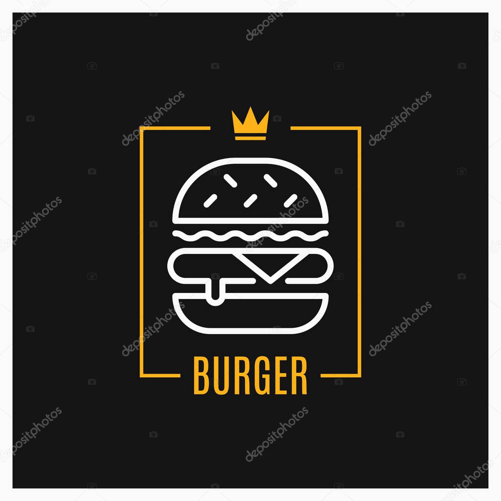 Burger linear logo. Design of burger icon in frame on black background 8 eps