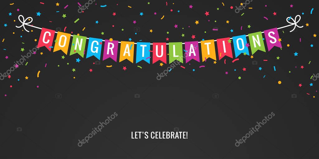 Congratulations banner. Congrats party flags with confetti on black background 8 eps