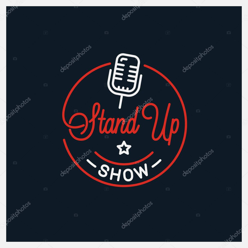 Stand up logo. Round linear logo of microphone on black background 8 eps